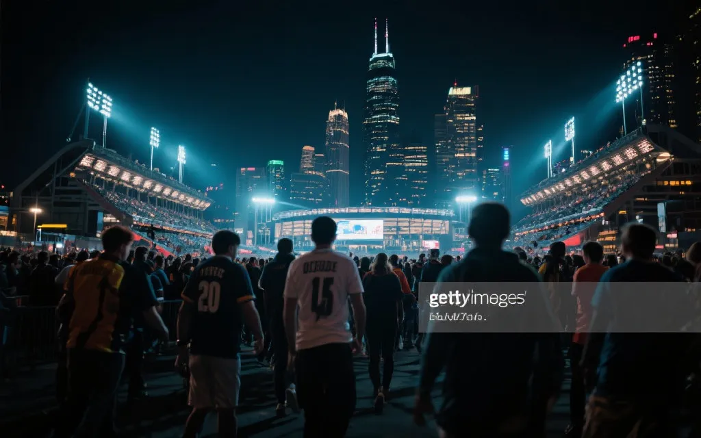 世界杯决赛城市夜景与球迷人群氛围